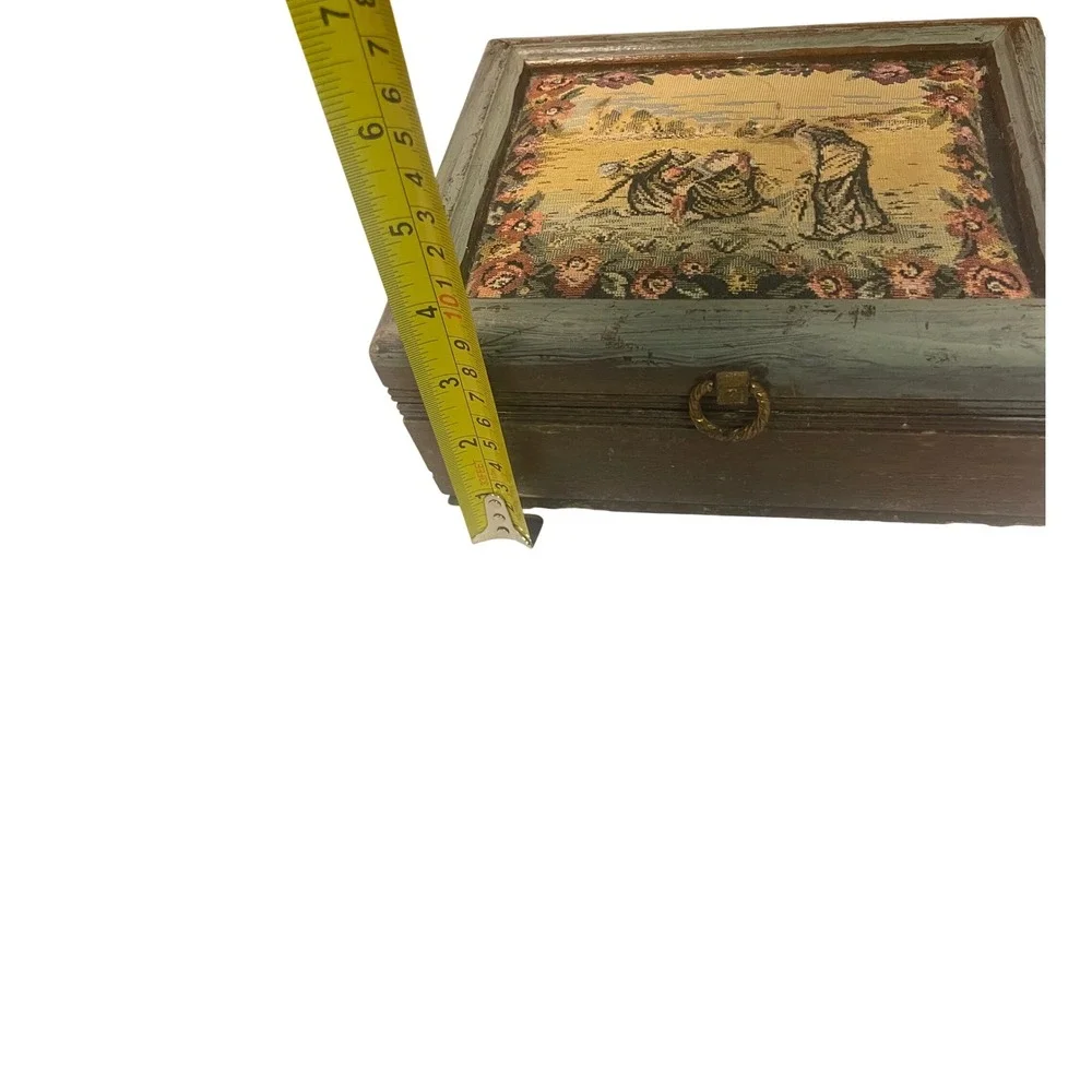 Vintage Tapestry Wooden‎ Jewelry Box Cottagecore shabby chic farmhouse keep sake